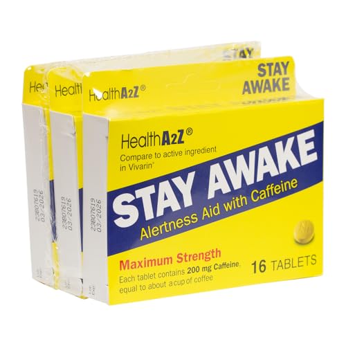 HealthA2Z® Stay Awake, Caffeine 200mg, Maximum Strength Alertness Aid, 48 Tablets (Pack of 3, 16 Tablets Each) 16 Count (Pack of 3)