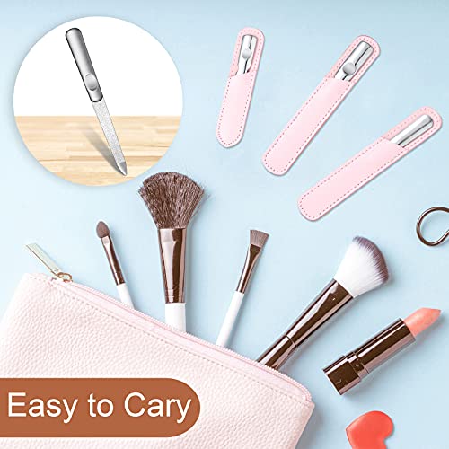 3 Pcs Stainless Steel Nail File Kit with Leather Case, Double Sided, Pink