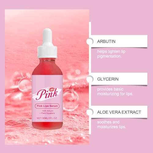 Pink Lip Serum for Dry and Dark Lips, Lip Lightener for Smokers and Non-Smokers, Conditioning LipSerum Moisturizer Help Fade Lips Discoloration with Alpha Arbutin & Aloe Vera 2PCS