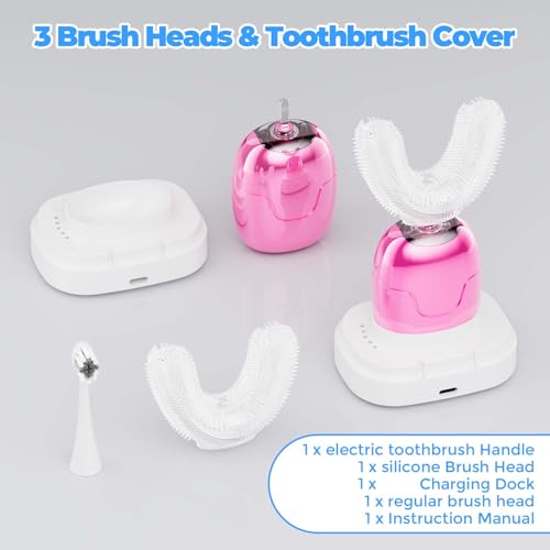 Electric Toothbrush Adults U Shaped Automatic toothbrushes,360° Whole Mouth Cleansing 3 Cleaning Modes,Rechargeable, Waterproof Pink
