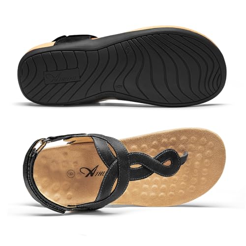 Athlefit Women's Orthopedic Flat Sandals with Arch Support 6.5 Black