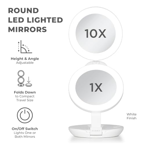 Zadro 4.5" Round LED Compact Mirror 10X/1X Travel Mirror with Lights and Magnification 3 AAA Batteries LED Makeup Mirror (White)