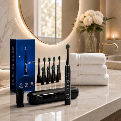 Electric Toothbrush for Adults with 8 Replacement Brush Heads, Travel Bag, 5 Cleaning Modes, IPX7 Waterproof, Rechargeable, Smart Timer, Black Whitening Power Toothbrush Set