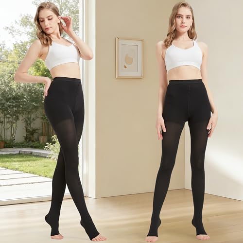 MGANG Medical Compression Pantyhose for Women & Men, 20-30mmHg Graduated Compression Support Tights, Open Toe, Opaque Waist High Compression Stockings for Edema, Varicose Veins, Flight, DVT, Black M 20-30mmhg Black Open-toe Medium