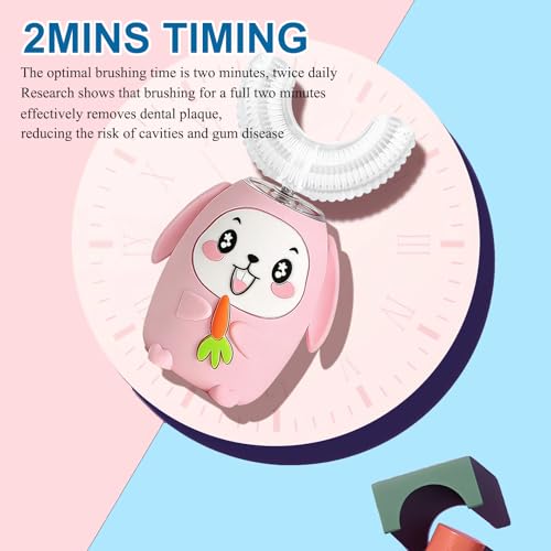 SNOWROSE Kids Electric Toothbrush U-Shaped, IPX7 Waterproof Design with 4 Brush Head 3 Modes, Sonic Automatic 360 Degree Full Mouth Cleaning Children Toothbrush for Ages 2-12 (Pink) Pink