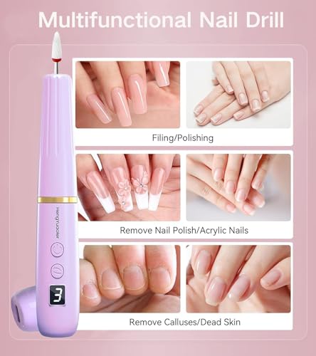Electric Nail Drill Machine File Efile Set for Acrylic Gel Nails Portable Nail Drill Machine Kit Rechargeable Pedicure Tools for Hand Feet Manicure Pedicure Tools Polishing Set (Purple) purple