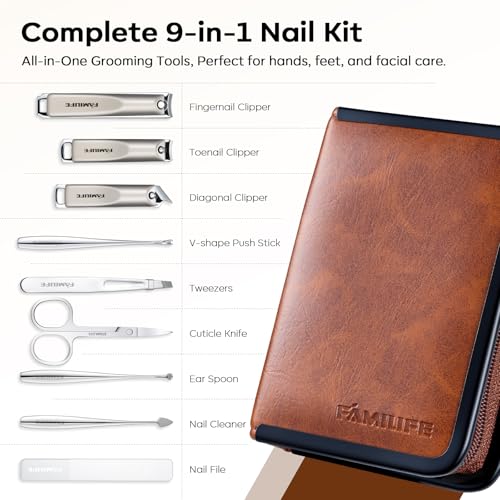 FAMILIFE Nail Care Kit 9-in-1 Professional - Carbon Steel Cuticle Scissors, Fingernail & Toenail Clippers for Nails, Manicure Set Travel Grooming Kit with Case (Brown) Brown