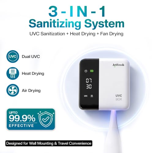 Jetfresh UV Toothbrush Sanitizer Holder & Cleaner with LED Clock Display, Fan Drying & Heating | Wall-Mounted & Portable Toothbrush Sanitizer and Holder Case for Bathroom & Travel. Fits All Brushes. Sx-7 White