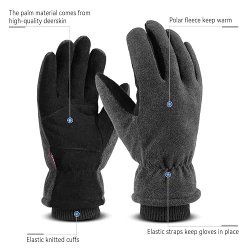 OZERO Mens Winter Gloves,Warm Deerskin Leather Fleece Fabric Gray-black Medium