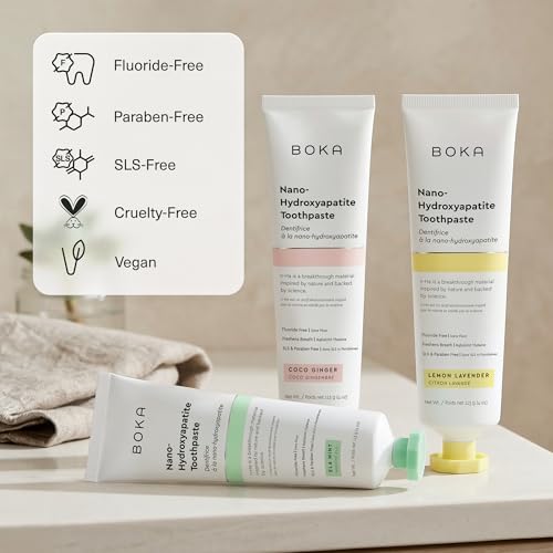 Boka Toothpaste - Fluoride Free Toothpaste, Nano Hydroxyapatite Toothpaste Value Pack (12 Ounce) E. Ela Mint, Coco Ginger, Lemon Lavender
