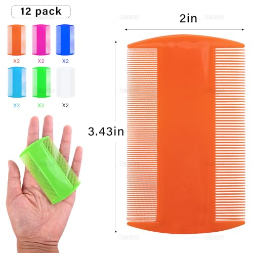 AUEAR, 12 Pack Pet Flea Lice Combs Double Sided Fine Tooth Dogs Cats Grooming Remove Float Hair Tear Marks Tick Removal Tool (6 Colors) 12 Count (Pack of 1) 6 Colors