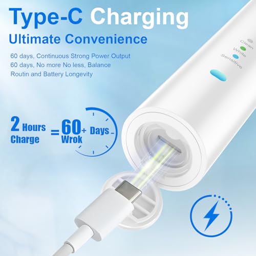 Sonic Electric Toothbrush for Adults and Teens,5+Years Battery Life, 48,800, Quiet Operation, Rechargeable,Genuine Waterproof, Operated Powered Tooth Brush,RelieveToothHealthProblems 6 Brushheads