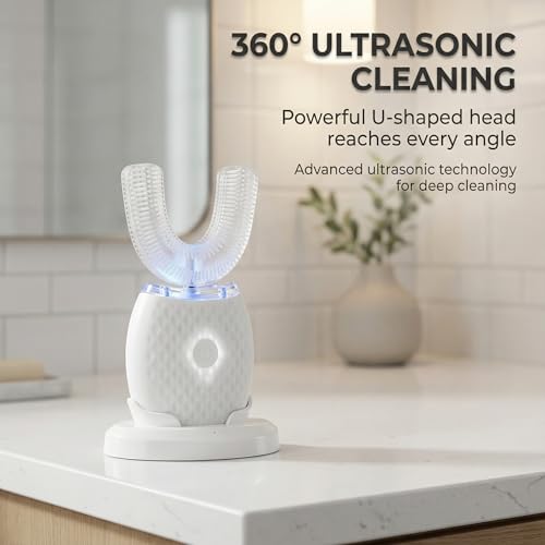 All-in-One U-Shaped Toothbrush for Adults, Ultrasonic Clean & Blue LED Light, Rechargeable with Charging Base (White)