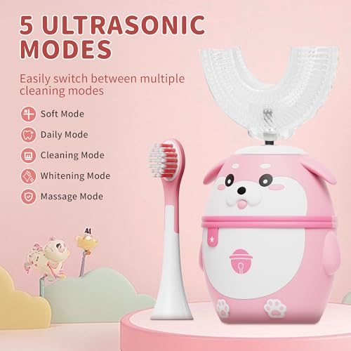 Kids Electric Toothbrush, U Shaped Auto Brush Design 2-7 Age Pink Pink 2-7