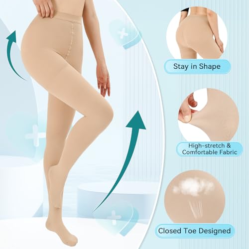 KTINNEAD 20-30mm HG Compression Pantyhose,Closed Toe Compression Leggings 3X-Large Beige
