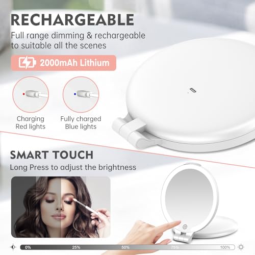 FUNTOUCH 7" Rechargeable Travel Makeup Mirror 30X Magnifying (White+Felt) White B