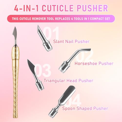 4-in-1 Cuticle Pusher Remover and Cutter, Professional Stainless Steel Pre-treatment Cuticle Pusher, Spoon Shaped Nail Cleaner, Cuticle Pusher with 100#/180# Grit Sandpaper Sheets for Manicure