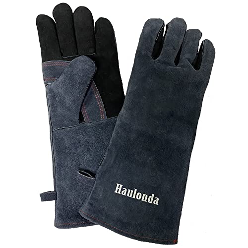 Welding Gloves Large 16 Inches 932℉ Heat Resistant Leather Forge/Mig/Stick Fire Resistant Gloves Black+dark Grey