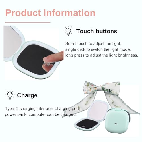 Makeup Mirror with Lights - Dual-Sided Green LED Pocket Mirror, 1X/5X Magnifying Travel Mirror, 3 Light Modes, Rechargeable Handheld Mirror for On-The-Go Makeup, Grooming, and Gifts