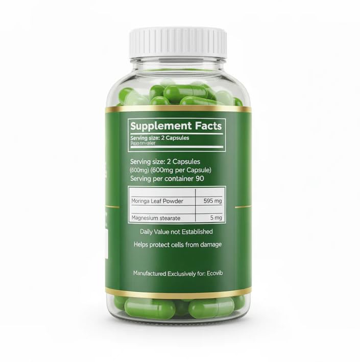 Moringa Capsules, 180 Vegan Capsules, 600 mg | ECOVIB Moringa Capsules Organic Superfood, Energy Support, Immunity Support, Detox Support