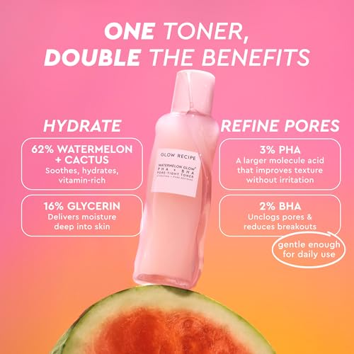 Glow Recipe PHA + BHA Face Toner, Korean Exfoliating Toner for Pores, Gentle Chemical Exfoliant + Hydrating Toner, Watermelon, Cactus Water + Glycerin (150ml) 5 Fl Oz (Pack of 1) Full Size
