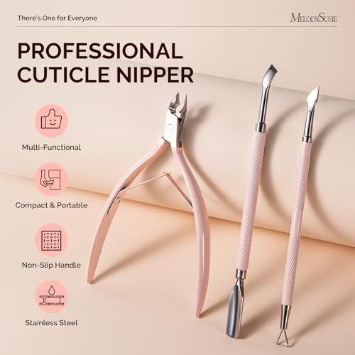 MelodySusie 3Pcs Cuticle Nipper, Pusher & Scraper Stainless Steel Set, Pink 3Pcs Cuticle Tools Set, Pink