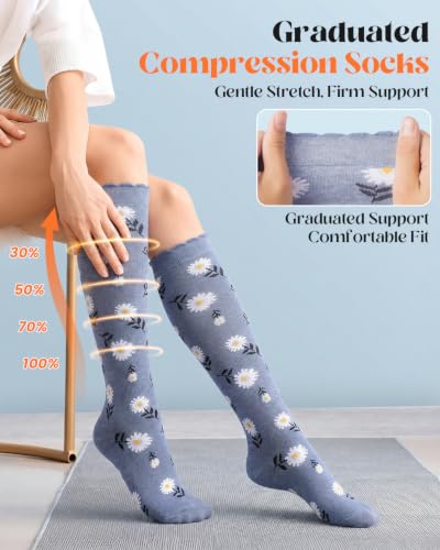 LEVSOX Cotton Compression Socks for Women Men 20-30 mmHg Knee High Cute Support Sock for Nurses Flying Pregnancy Small-Medium 4 Pairs-Floral