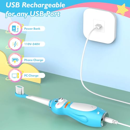 DADA-TECH Kids Electric Toothbrush Rechargeable, Sonic Silicone Teeth Brush with Timer for Children Boys Girls Ages 3+, 3 Modes with Memory, 4 Soft Brush Heads (Blue Shiba Inu Dog) Blue