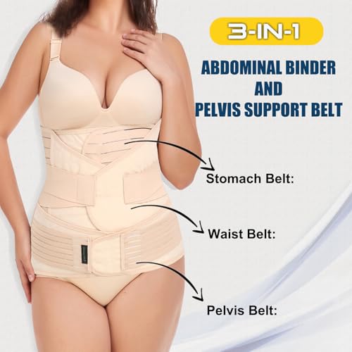 ChongErfei 3 in 1 Postpartum Belly Wrap Recovery Band Belt Abdominal Binder Beige X-Large