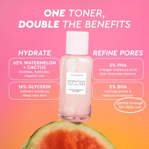 Glow Recipe PHA + BHA Face Toner, Korean Exfoliating Toner for Pores, Gentle Chemical Exfoliant + Hydrating Toner, Watermelon, Cactus Water + Glycerin (40ml) 1.35 Fl Oz (Pack of 1) Travel Size