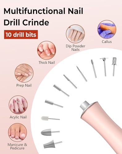 Cordless Nail Drill Electric Nail File, 10-in-1 Manicure Pedicure Kit Nail Grinder Set, 14000 RPM Rechargeable Acrylic Nail Tool, 10 Speeds LED Light LCD Display for Human, Toenails, Home(Pink) Pink