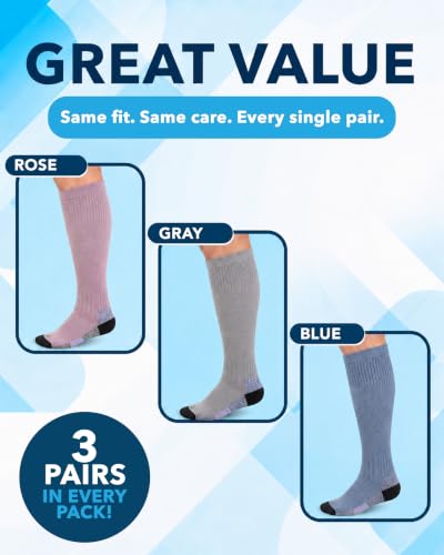 Doctor's Select® Bamboo Viscose Light Compression Socks for Women & Men - 3 Pairs, 8-15 mmHg Compression Socks, Knee High Medium Gray/Blue/Rose - 3 Pairs