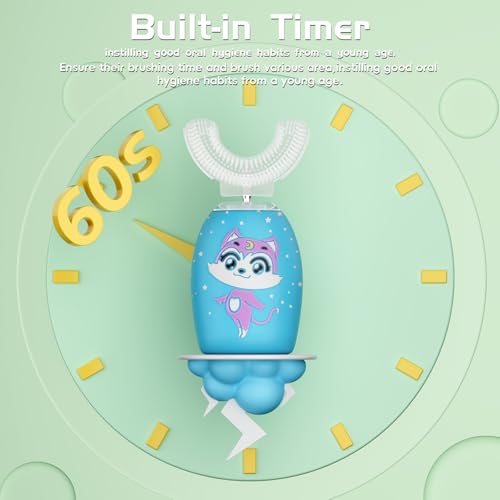 Kids U-Shaped Electric Toothbrush, Rechargeable Kids Toothbrush with 4 Brush Heads, 2 Cleaning Modes, Cartoon Cat Design, IPX7 Waterproof (Ages 2–12) Blue