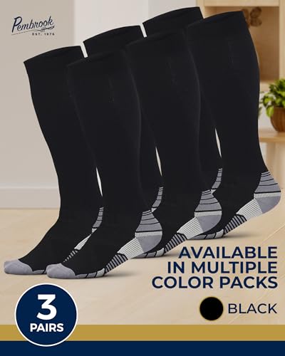 Pembrook 3 Pairs Compression Socks 20-30 mmHg - Compression Socks for Women and Men | Running, Athletic, Travel, Nurses Large Black - 3 Pairs