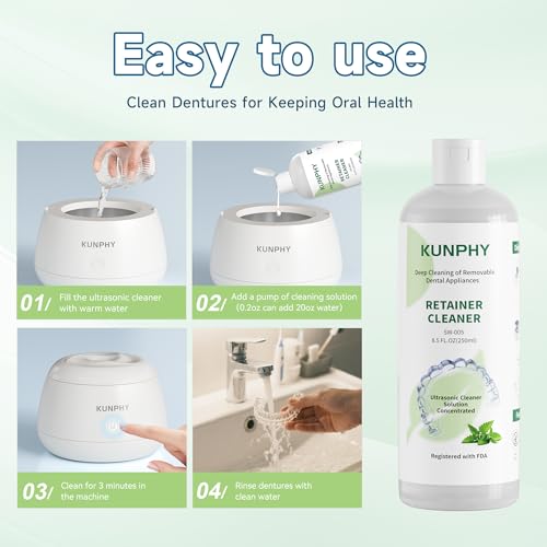 kunphy Ultrasonic Retainer Cleaner Solution Concentrate - 2 Pack Value Bundle, Professional Cleaning for Retainers, Dentures, Invisible Aligners, Mouth Guards, Removes Odors & Stains, 16 oz (Mint) 17oz