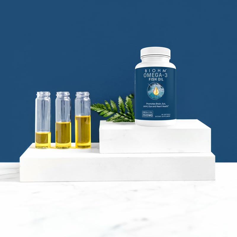 BIOHM Omega-3 Fish Oil 2500mg, 60 Softgels, High Potency 860mg EPA & 630mg DHA, Omega 3 Fatty Acid Supplements to Support Brain, Joint, Eye, Liver & Gut Health, Sustainably Sourced