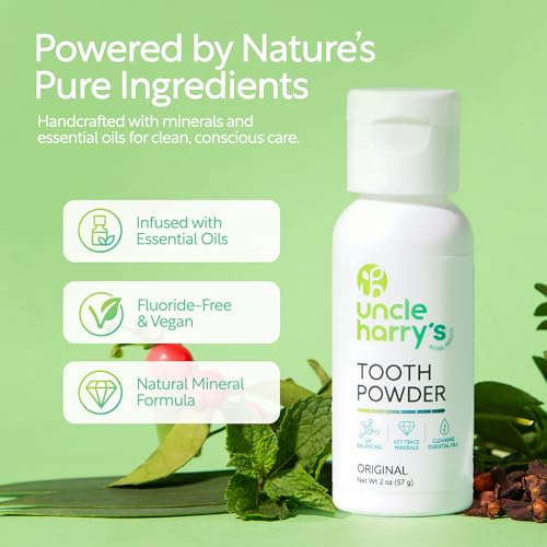 Uncle Harry's All Natural Tooth Powder | Alkalizing Remineralizing Enamel Support & Whitening Toothpaste for Sensitive Teeth | Powder Toothpaste for Gum Health & Fresh Breath (2 oz) (Pack of 2)