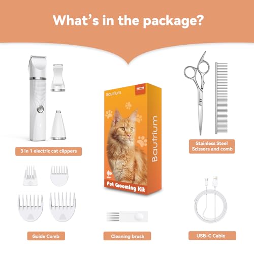 Cat Grooming Clippers Kit with Paw Trimmer, 3 in 1 Electric Pet Hair Trimmer Supplies for Thick Matted Hair, Heavy Coat Butt Shaver Cat Razor Fur Trimmer for Dogs at Home (White) White