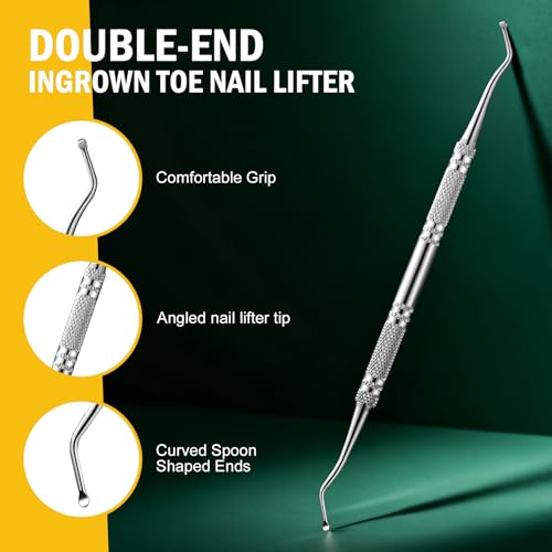 FVION Toenail File for Thick Nails and Toenail Lifter, 2pcs Stainless Steel Nail File and Ingrown Relief Set, Heavy Duty Metal Emery Board for Seniors, Men & Women Pedicure Tool (Green) Green Handle