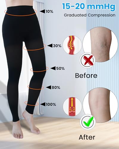 Medical Compression Leggings for Women, 15-20 mmHg Compression Pantyhose Medium Black