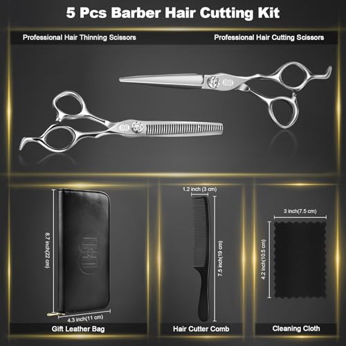 CIICII Professional Hair Cutting Scissors Kit, 440C 7″ Barber Shears Set 7.3 Inch Silver Hair Scissors Kit