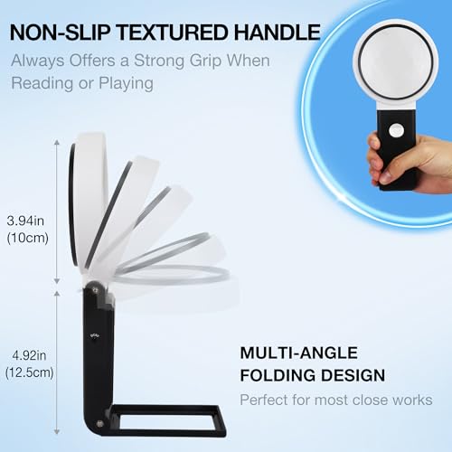 Magnifying Glass with Light and Stand,Handheld Magnifier for Reading,Hands Free Magnifying Glasses for Close Work，USB Rechargeable LED Light, Storage Case