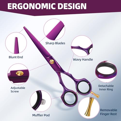 ETHTXE 9Pcs Professional Hair Scissors Set, Stainless Steel Barber Supplies 3-scissors set Purple