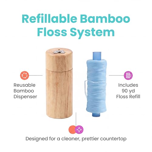 Bamboo Floss Dispenser with 90 Yard Floss Refill, Refillable Dental Floss Holder, Reusable Bamboo Floss Container for Bathroom, Travel & Oral Care