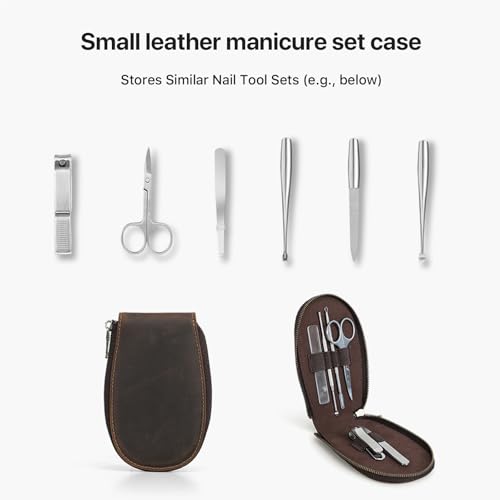 Hiram Handmade Leather Manicure Set Case 6 Slot Nail Tool Organizer Pouch with Elastic Bands & Loops Oil Nubuck Cowhide Travel Case for Grooming Kits Soft Leather Zip Closure 6 slots