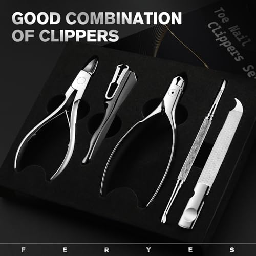 FERYES 5PCS Toenail Clippers Long Handle Clipper for Thick Nails, Straight Blade Clipper for Ingrown Nails, 360° Rotating Jaw Nail Clipper, Cuticle Fork, and Nail File