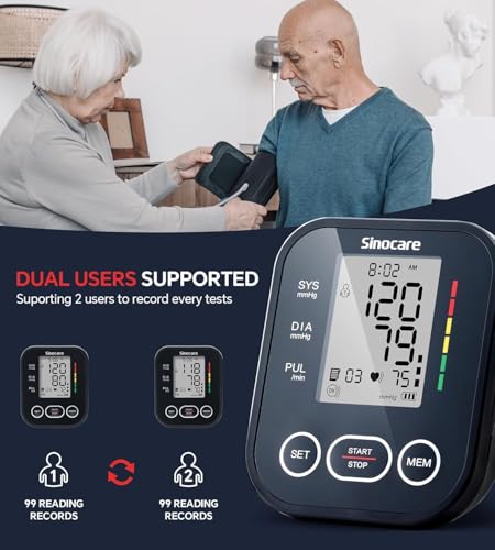 Sinocare Blood Pressure Monitor, Upper Arm Blood Pressure Monitors for Home Use, Adjustable Arm Cuff 8.6"-16.5", One-Button Operation, Dual User, Accurate & Practical (Black) Black