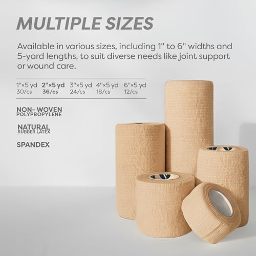 Dynarex Sensi-Wrap Self-Adhesive Bandages, 36-Pack, 2" x 5 Yards, Tan, Latex, Colored Elastic Cohesive Athletic Tape, Tattoo Grip & Vet Wrap