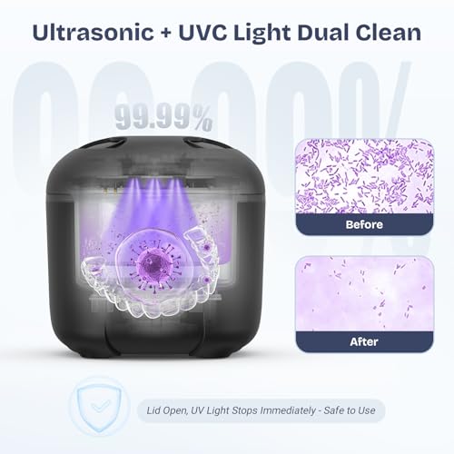 2025 Ultrasonic Retainer Cleaner- 45KHz 25W Portable Denture Cleaner with Drying Function and Removable Inner for Dentures, Mouth Guards, Aligners, Jewelry and More (Black)