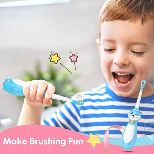 DADA-TECH Kids Electric Toothbrush Rechargeable, Sonic Silicone Teeth Brush with Timer for Children Boys Girls Ages 3+, 3 Modes with Memory, 4 Soft Brush Heads (Blue Shiba Inu Dog) Blue